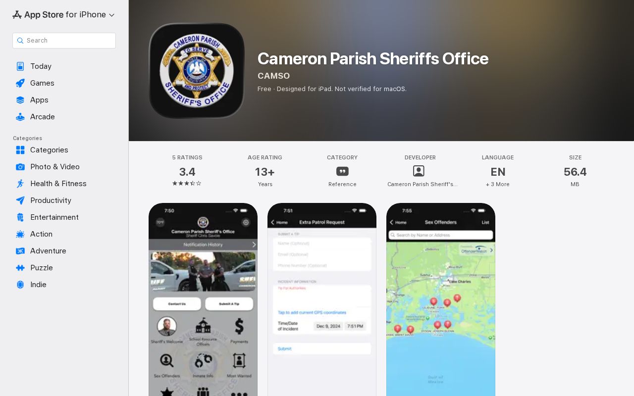 Cameron Parish Sheriff's Office app listing describing Most Wanted and tip features