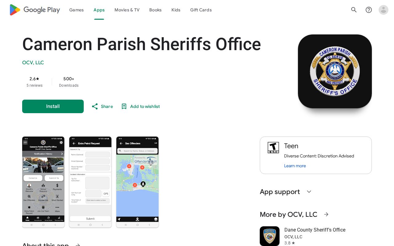 Cameron Parish Sheriff's Office Google Play app listing for Most Wanted updates
