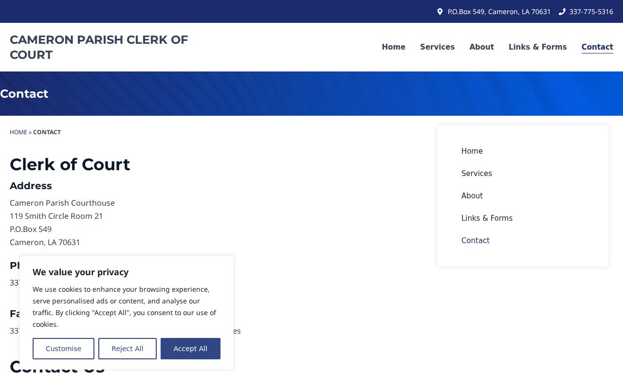Cameron Parish clerk contact form fields for outstanding warrant record requests