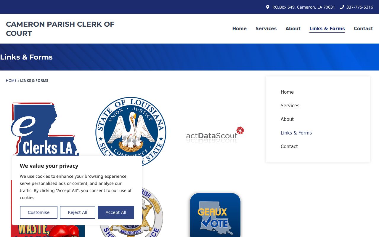 Cameron Parish court forms and links page for traffic warrant records