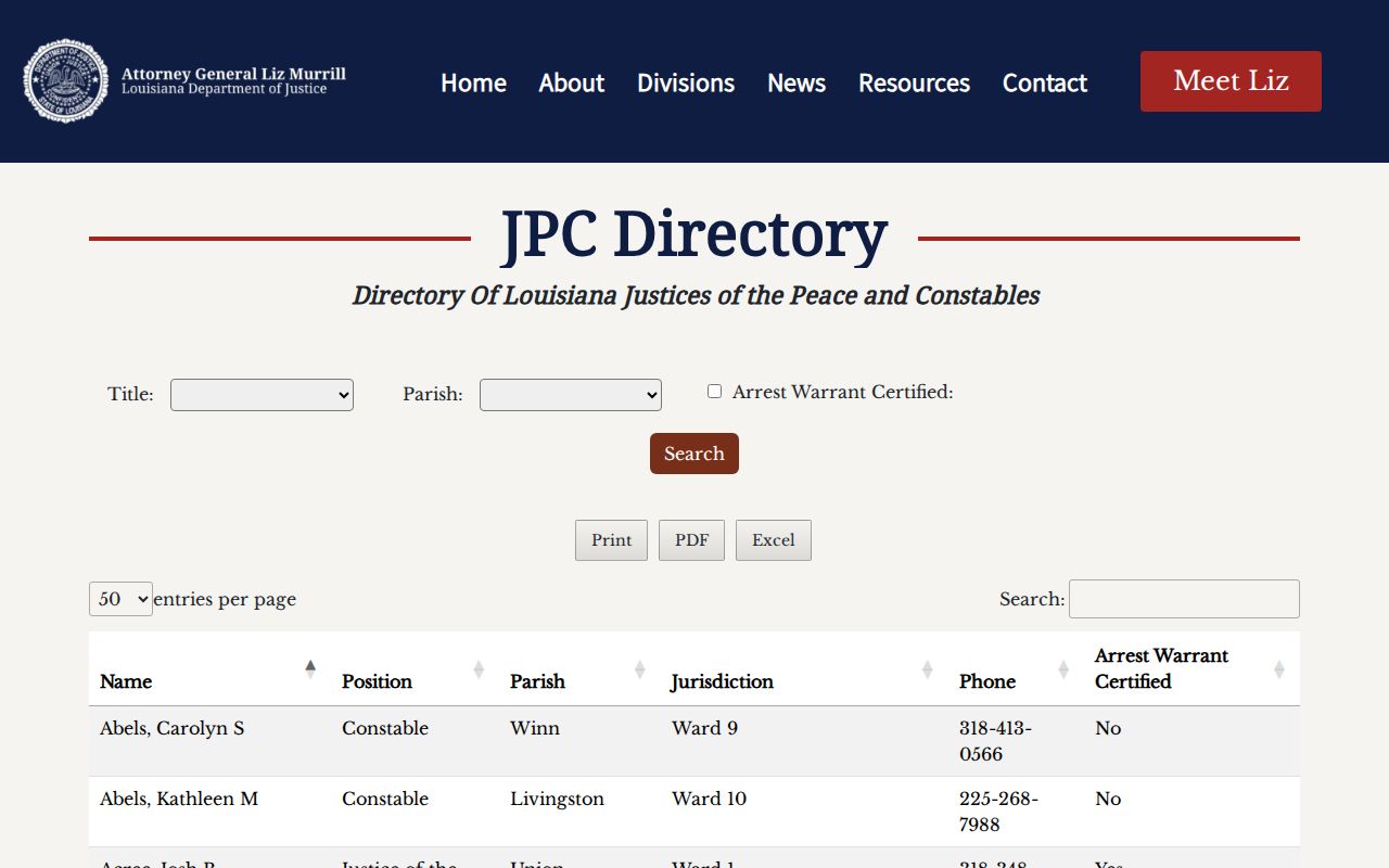Cameron Parish justice of the peace and constable table for municipal warrant records