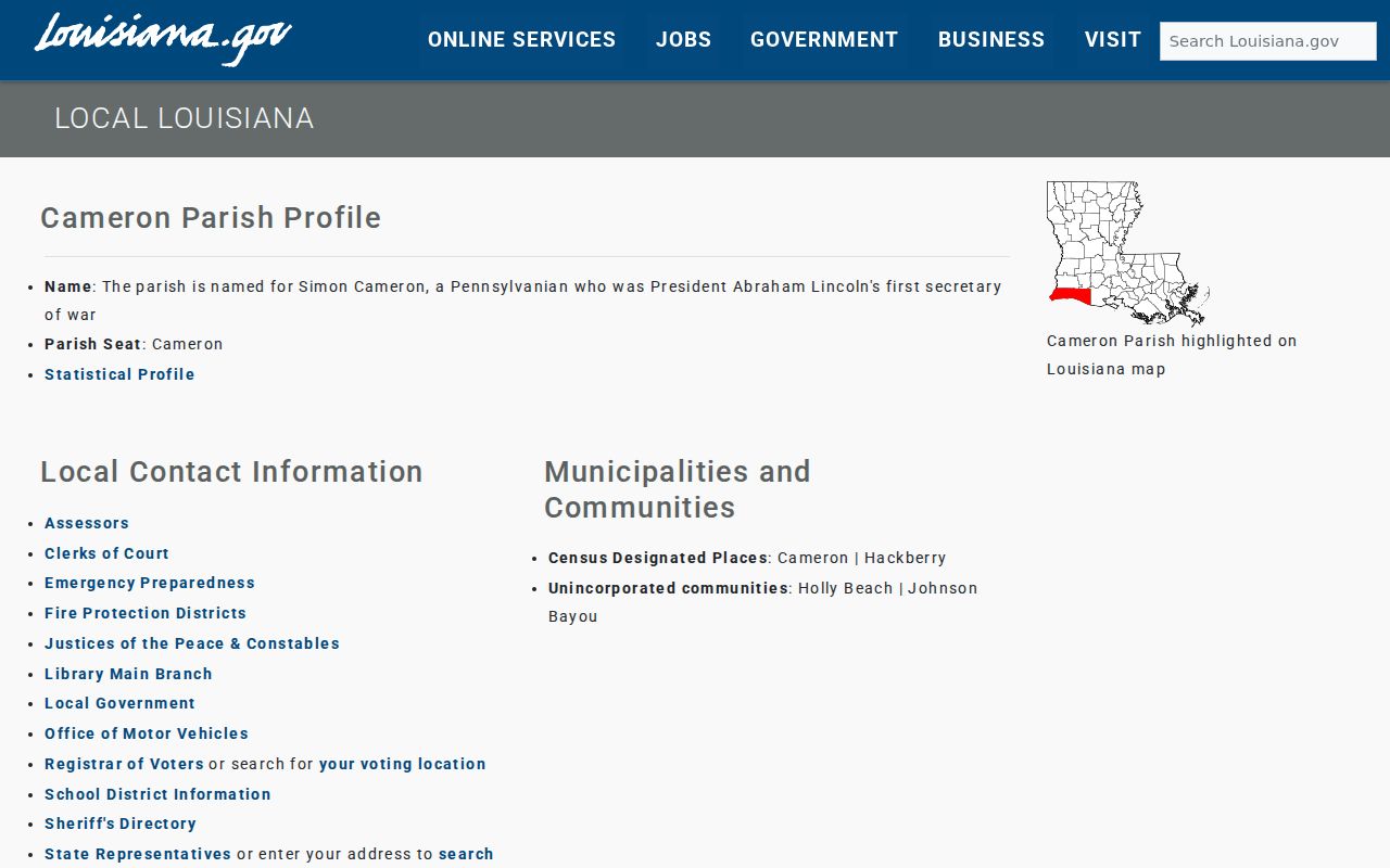 Cameron Parish official community profile for warrant records routing