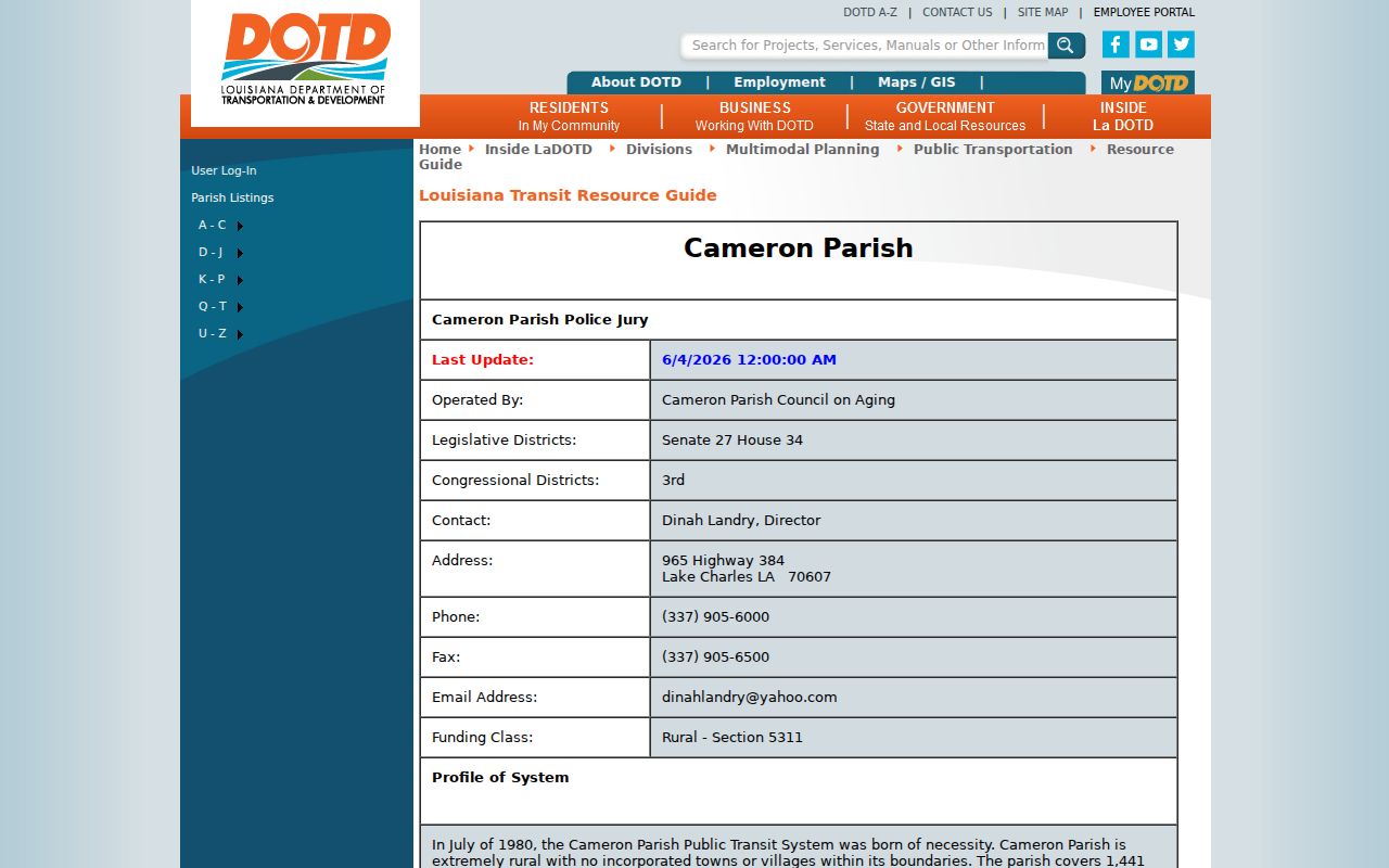 Cameron Parish rural geography and transit page used for municipal warrant records