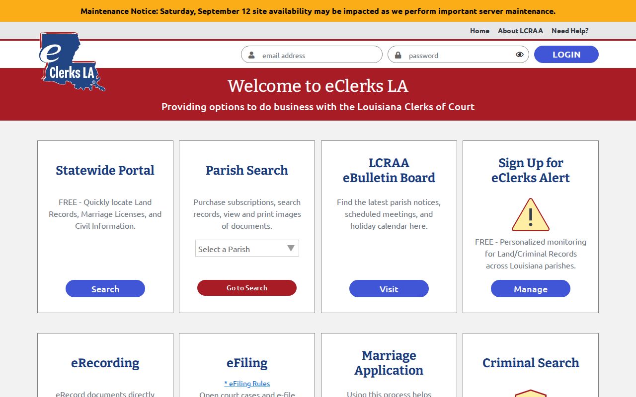 Louisiana statewide court portal tiles used for Cameron Parish warrant records