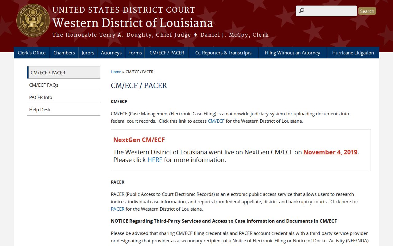 Federal case record access page relevant to Cameron Parish arrest warrant checks