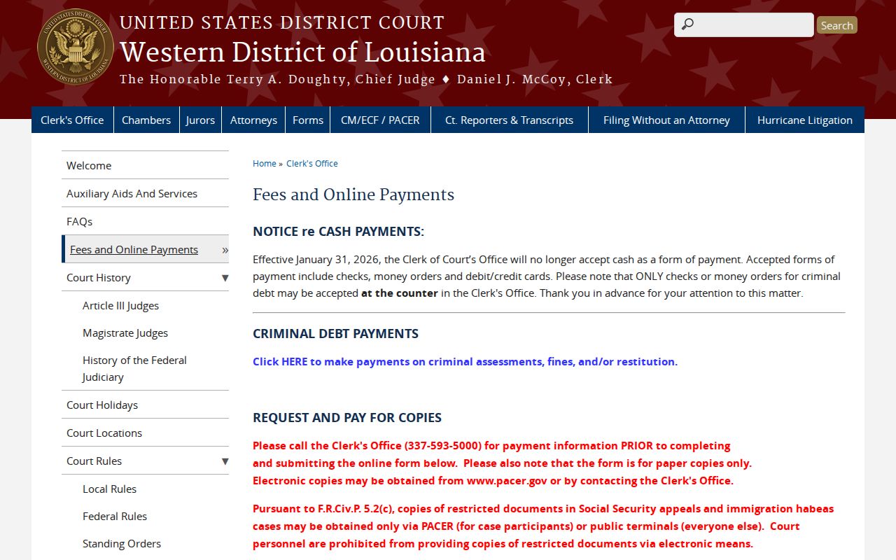 Federal record search and copy fees for Cameron Parish arrest warrant research