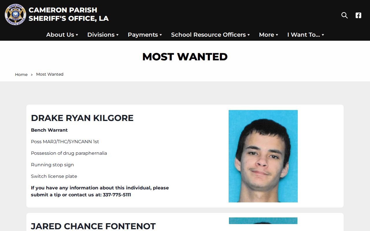 Cameron Parish Sheriff's Office Most Wanted program page for warrant records